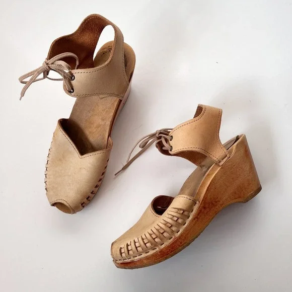 No. 6 Clogs Tan Leather Wooden Platform Wedge Sandals Lace Up Peep Toe Size 40 - Picture 2 of 10